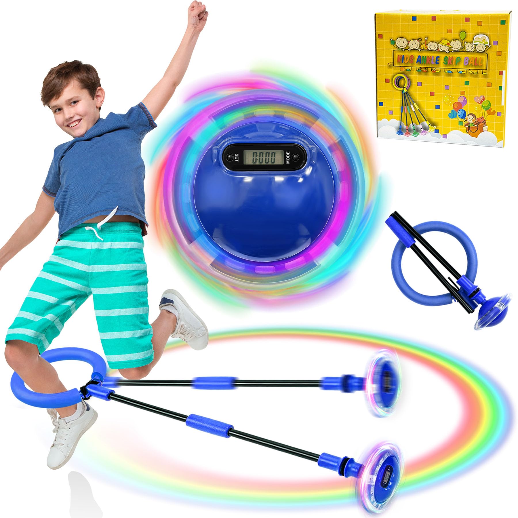 TZEKING Jump Ring Foot Gyro, Children's Flashing Jump Ring, Foot Gyro, Swing Wheel with Light Wheel, Counter, Timer, Calorie Counter, Foldable Ankle Skip Ball, Gifts for Girls 6-12 Jumping Ball (Blue)