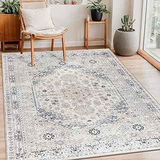 Capslpad Waschbare Teppiche für Wohnzimmer, 120 x 180 cm, Used-Look, Vintage-Teppich, rutschfest, traditionell, orientalisch, Schlafzimmerteppich, niedriger Flor, dünne Bodenmatte, Teppich für
