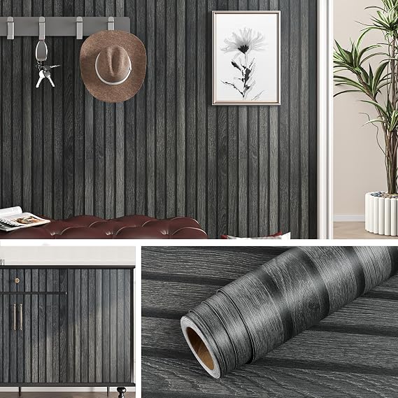 Amazon.com: Livelynine Black Wood Slat Wallpaper Peel and Stick Black ...