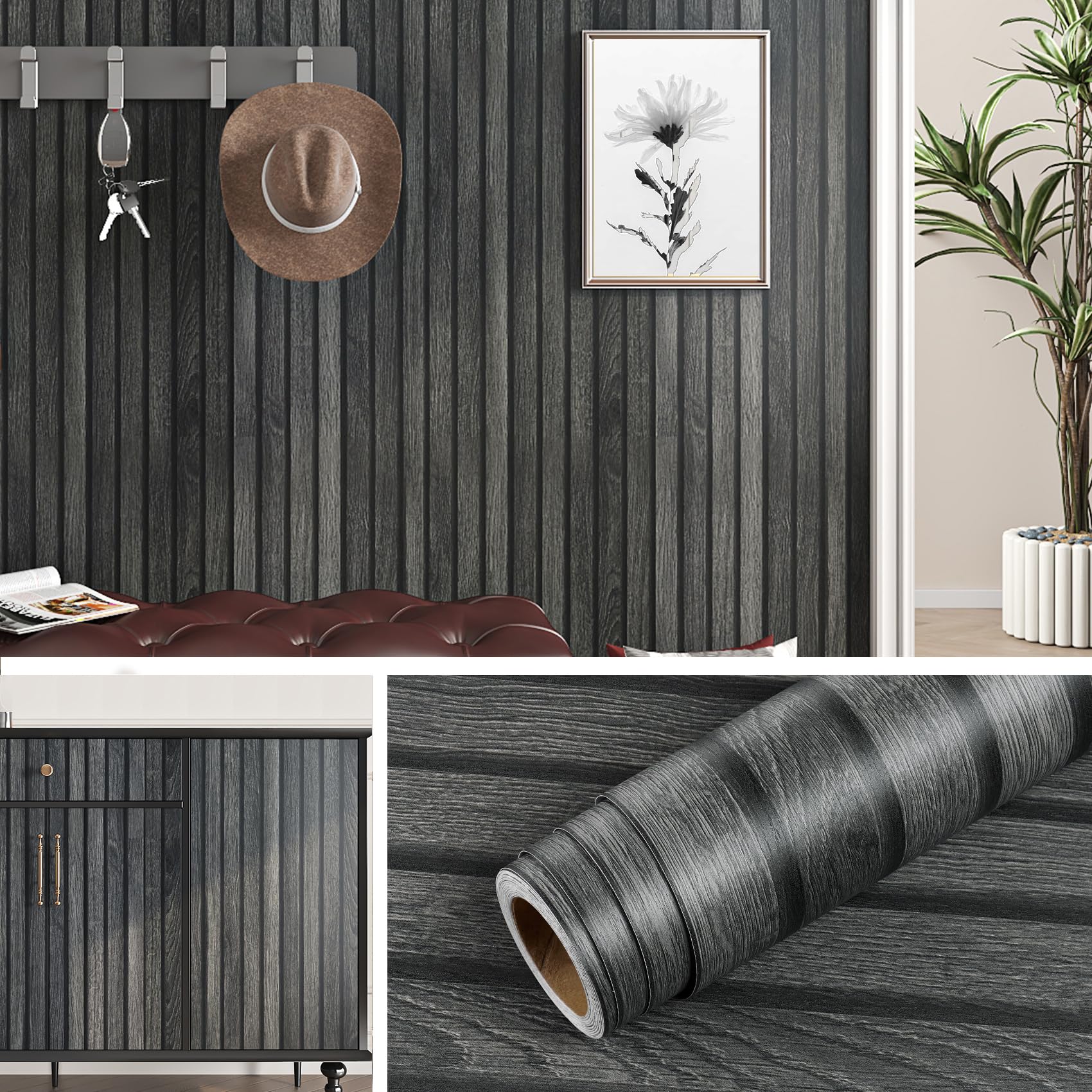 Livelynine Black Wood Slat Wallpaper Peel and Stick Waterproof Wall ...