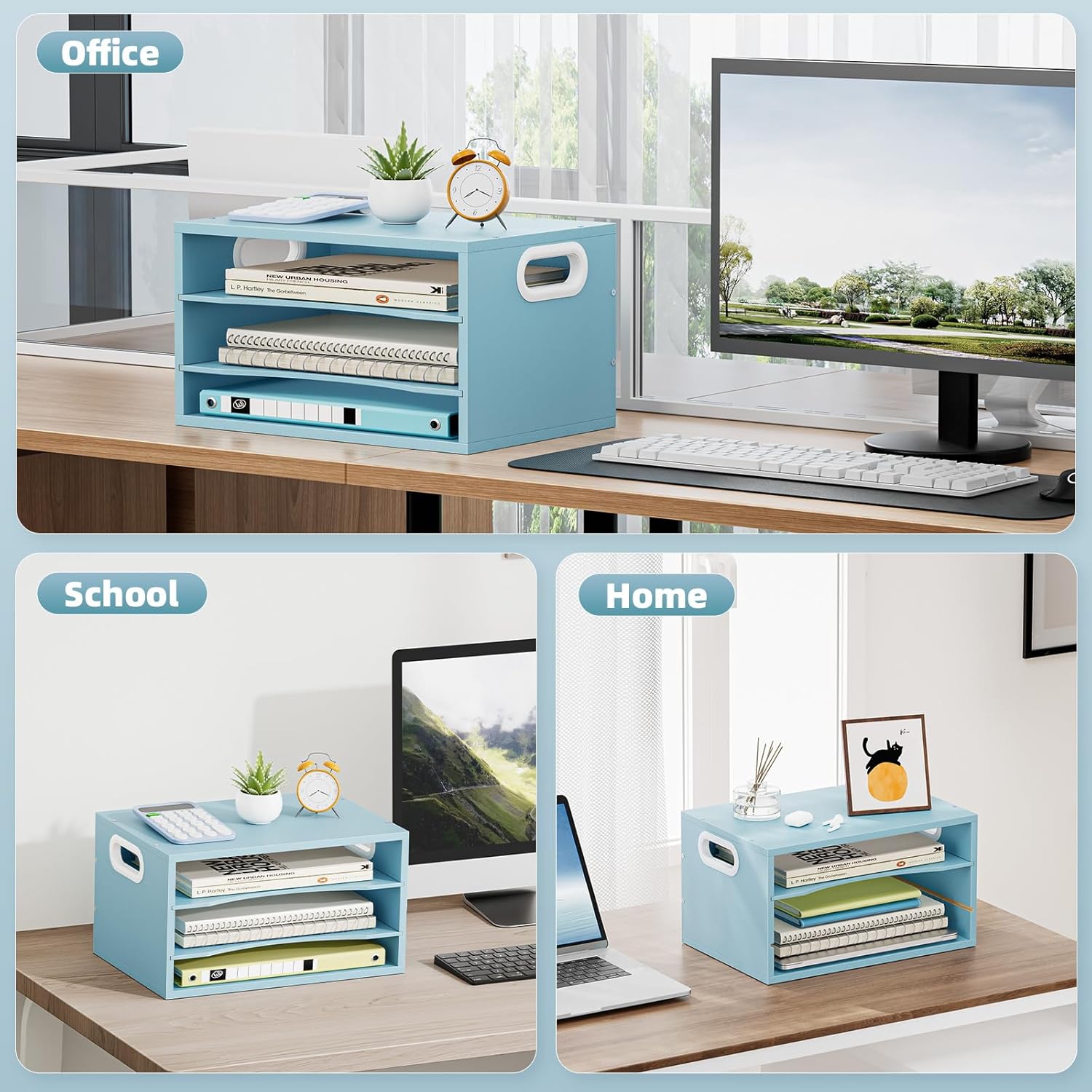 Marbrasse 3-Tier Wood Desk Organizer, Paper Letter Tray Organizer for Desk, Wooden Desktop File Organizer with Handle and Paper Sorter Mail Holder for Office School & Home Supplies Organization-Blue
