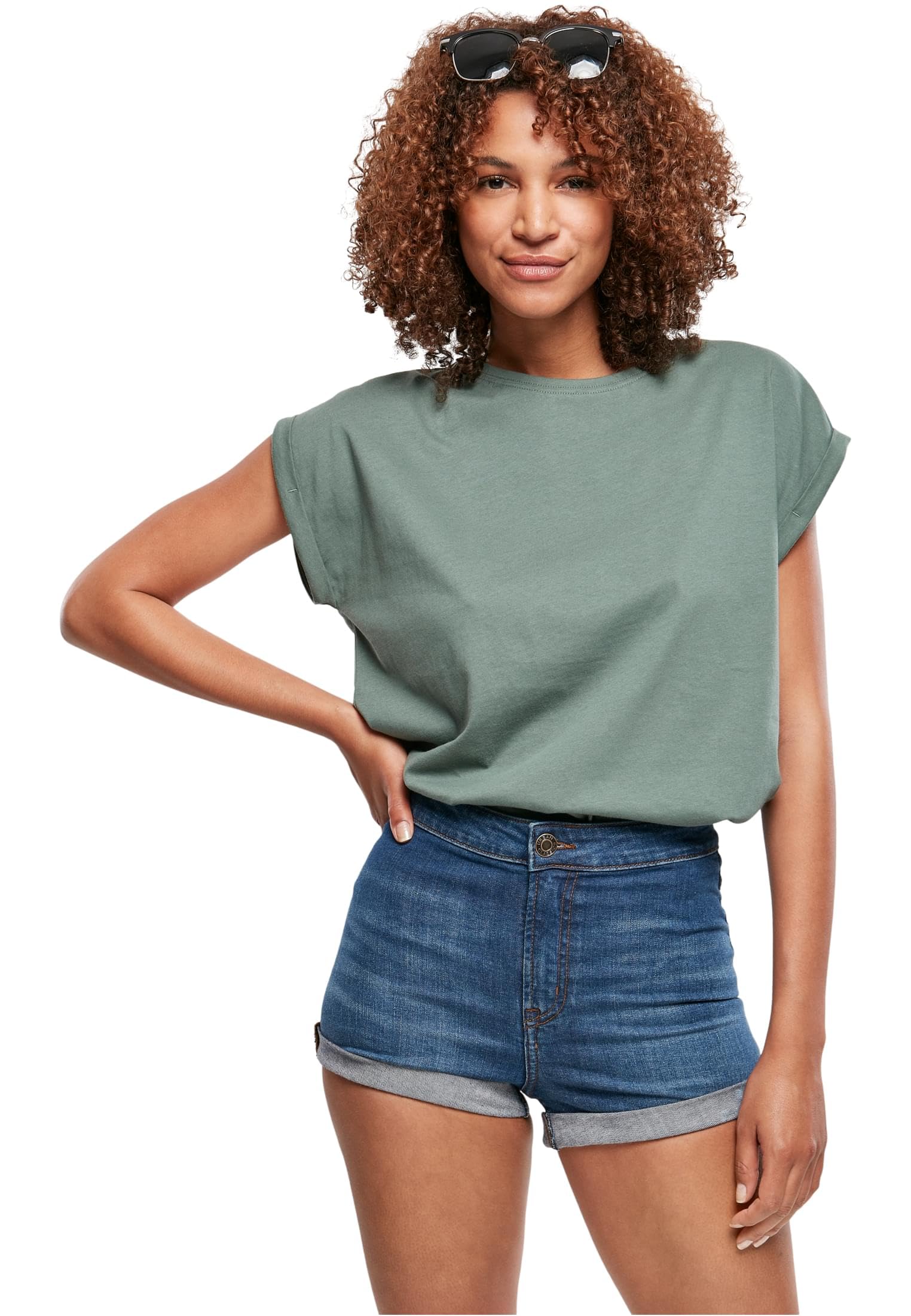 Urban Classics Women's Paleleaf Extended Shoulder Tee Basic Capsleeves, Shortsleeve T-Shirt Top With Crew Neck, Xl