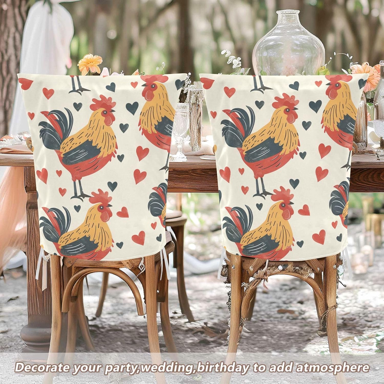 ALAZA Rooster Hearts Chair Back Cover Set of 6, Washable Reusable Removable Chair Slipcovers Decorative Chair Cover for Home Kitchen Wedding Party