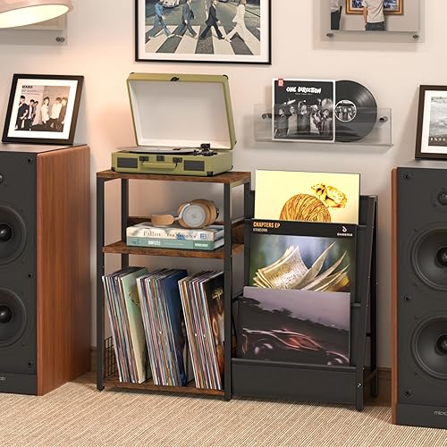 Miniatura 45 de LELELINKY Mesa para tocadiscos, estante giratorio con almacenamiento de vinilo de hasta 150 álbumes, mesa auxiliar blanca con estante para libros