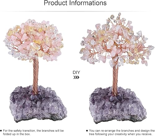 Miniatura 3 de Yatming - Árbol de piedra curativa de cuarzo rosa, cuarzo rocacitrino con base de racimo de geoda de amatista natural, decoración de árbol bonsái de