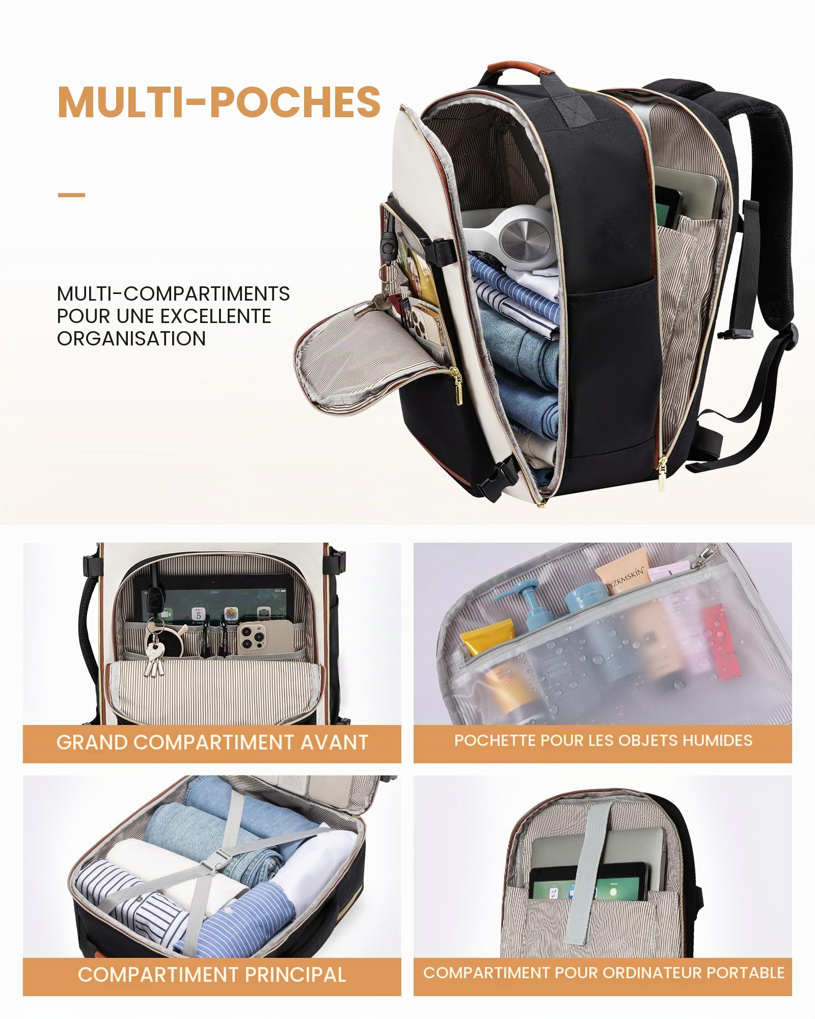 LOVEVOOK Sac à Dos Voyage Cabine Avion 45x36x20 Femme Homme Étanche Ordinateur Portable
