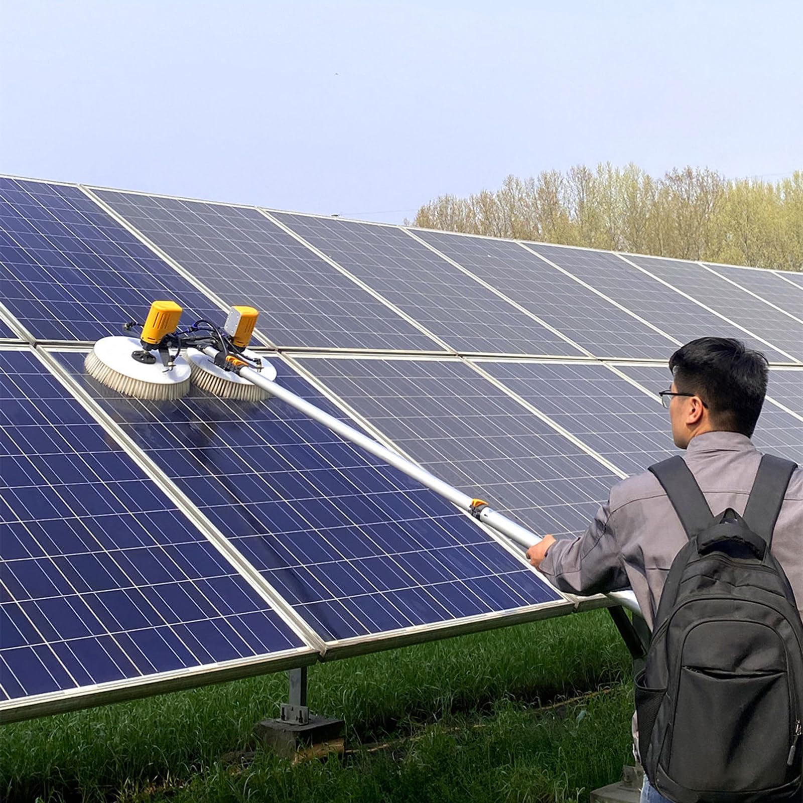 SENJINGHUA Double Rotating Brush Head Solar Panel Cleaning Equipment, 1.58-7.5m Aluminum Telescopic Rod, Electric Photovoltaic Cleaner with Rotary Large Density Brush 5.5m