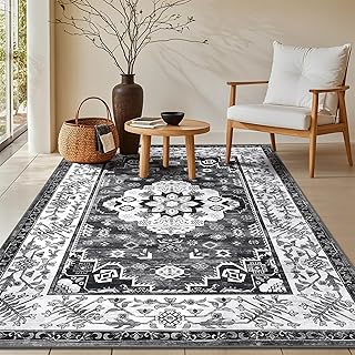 Enyhom Large Vintage Area Rug, 120 x 180 cm Machine Washable Rugs for Living Room Short Pile Non-Shedding Carpet Non Slip Traditional Boho Floor Carpet Rugs for Bedroom Dining Room, Vintage Dark Grey