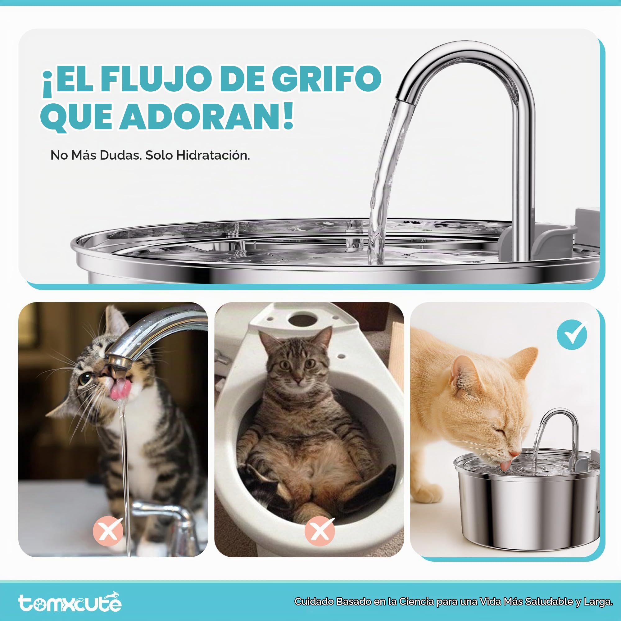 TOMXCUTE 4,0 L Fuente para Gatos de Acero Inoxidable, Fuente de Agua para Gatos y Perros pequeños, diseño de Cuello de Cisne, Apto para lavavajillas, con 1 Esponja y 3 filtros de carbón