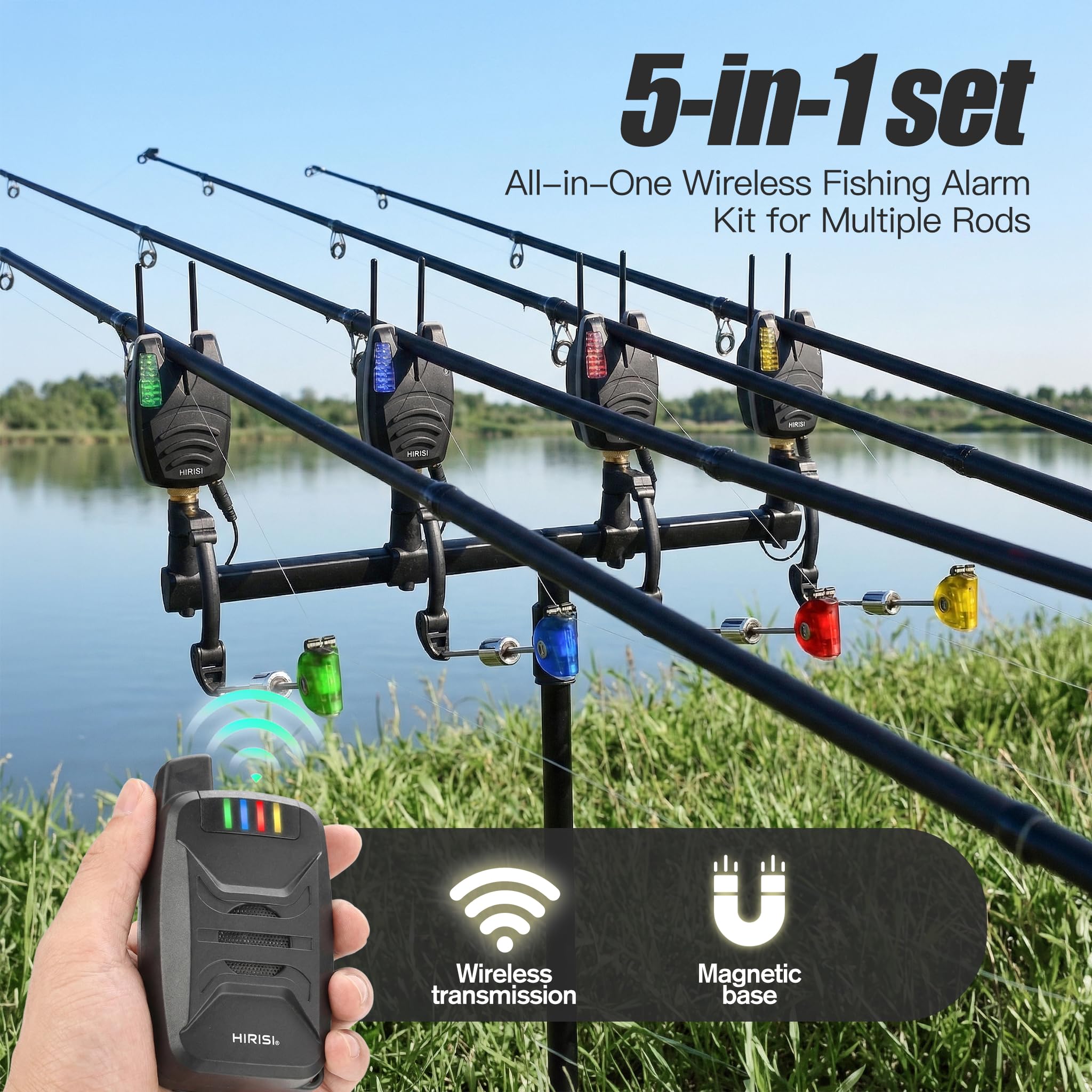 Hirisi Tackle Allarme impermeabile senza fili per pesca alla carpa, set con barra per orecchie da 200 m