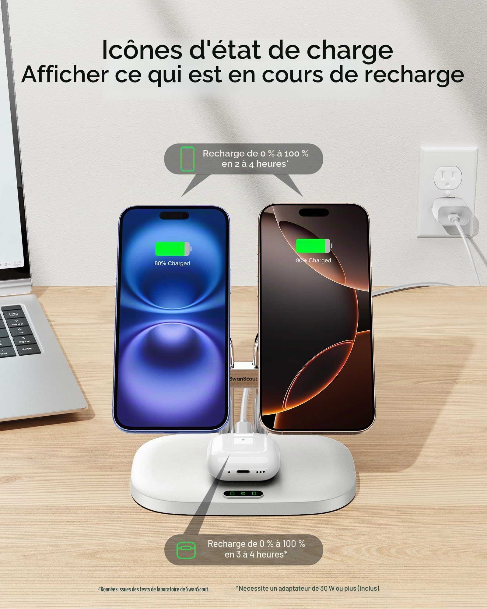 SwanScout Double Chargeur Induction pour iPhone 17/17e/Air, SwanScout 706M, Magnétique Chargeur Sans Fil pour iPhone 16/15/14/13 séries, Station de Charge pour AirPods Pro 3/2, Chargeur Double (White)