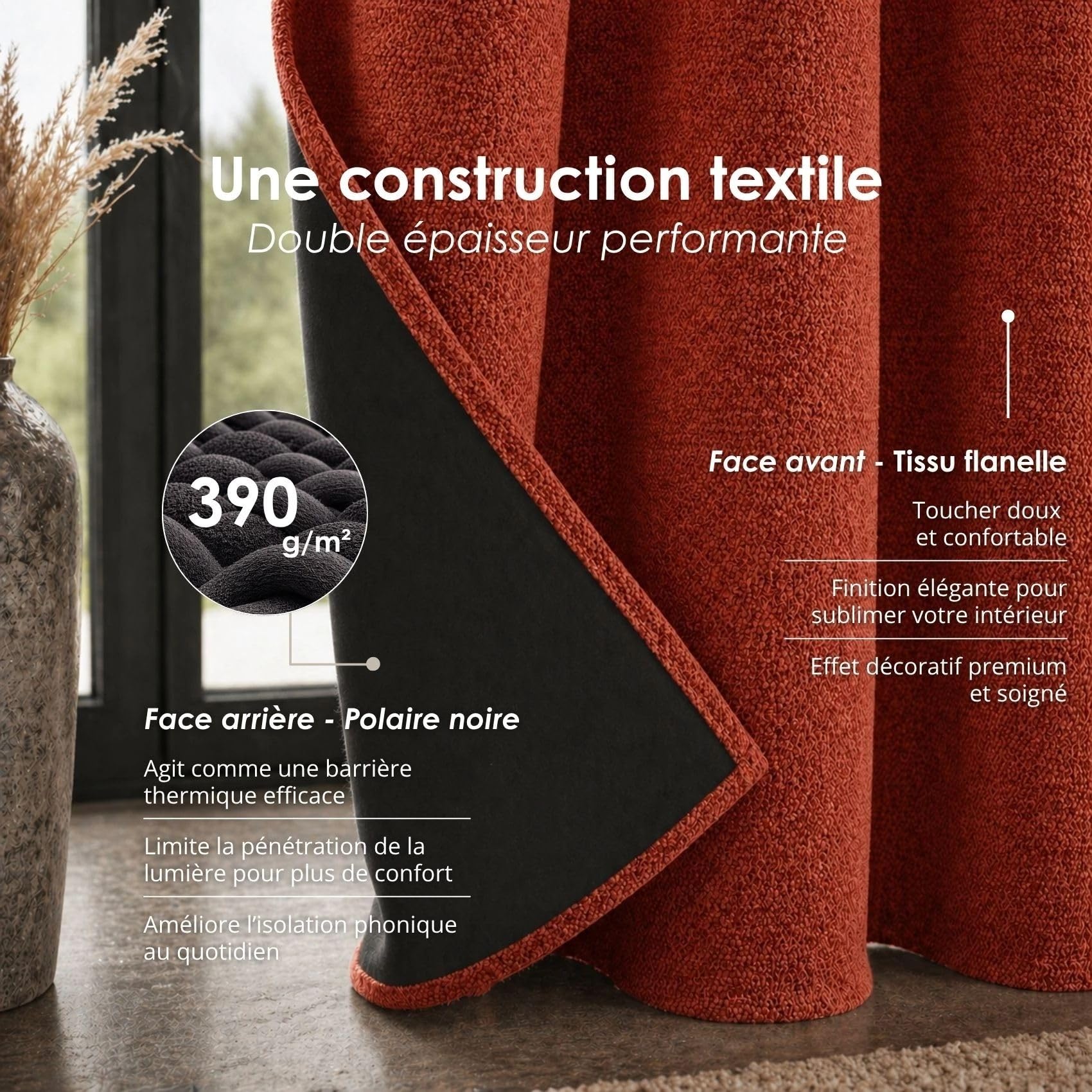 Home Maison QABANE - Rideau Thermique Phonique KONFOR - Flanelle Polyester - Occultant Isolant Froid et Bruit - Chambre Salon Bureau - 8 Oeillets - 140 x 300 cm - Terracotta