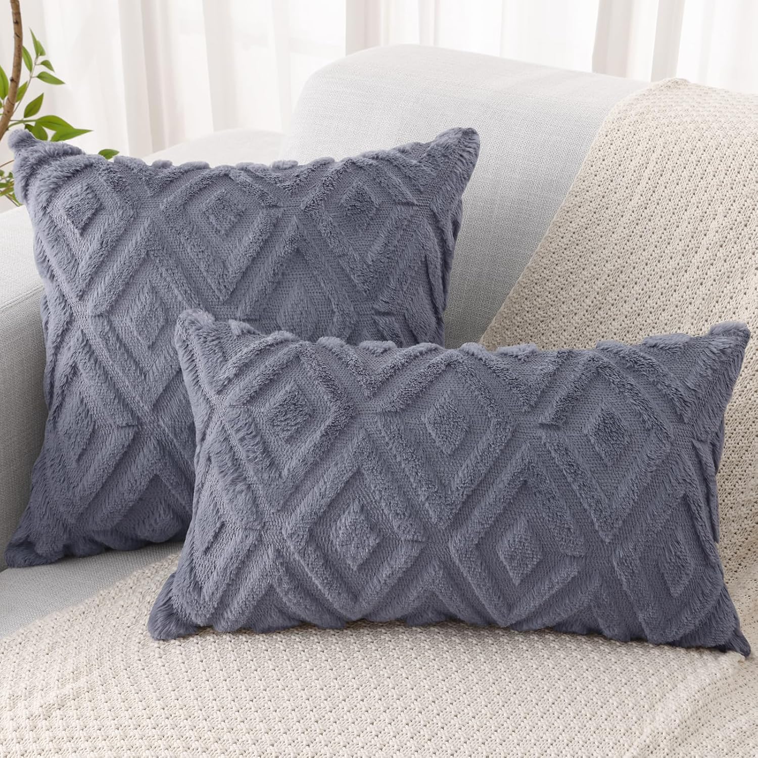 Pallene Spring Blue Grey Throw Pillow Covers 20x20 Set of 2, Soft Plush Faux Fur Decorative Couch Pillow Covers for Sofa Bed Living Room Pillow Cases with 3D Diamond Pattern - Image 7