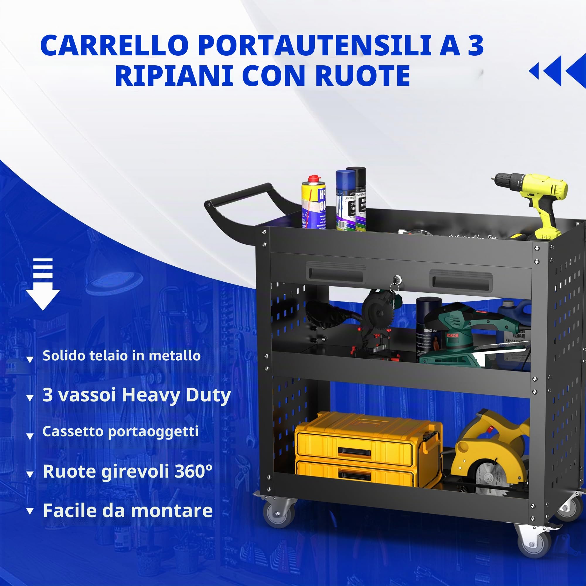SUPEER Carrello da officina, carrello portautensili con ruote 78x35x70 cm, con cassetto con chiusura a chiave e Pegboard, 4 ganci, per officine, capacità di carico 150 kg