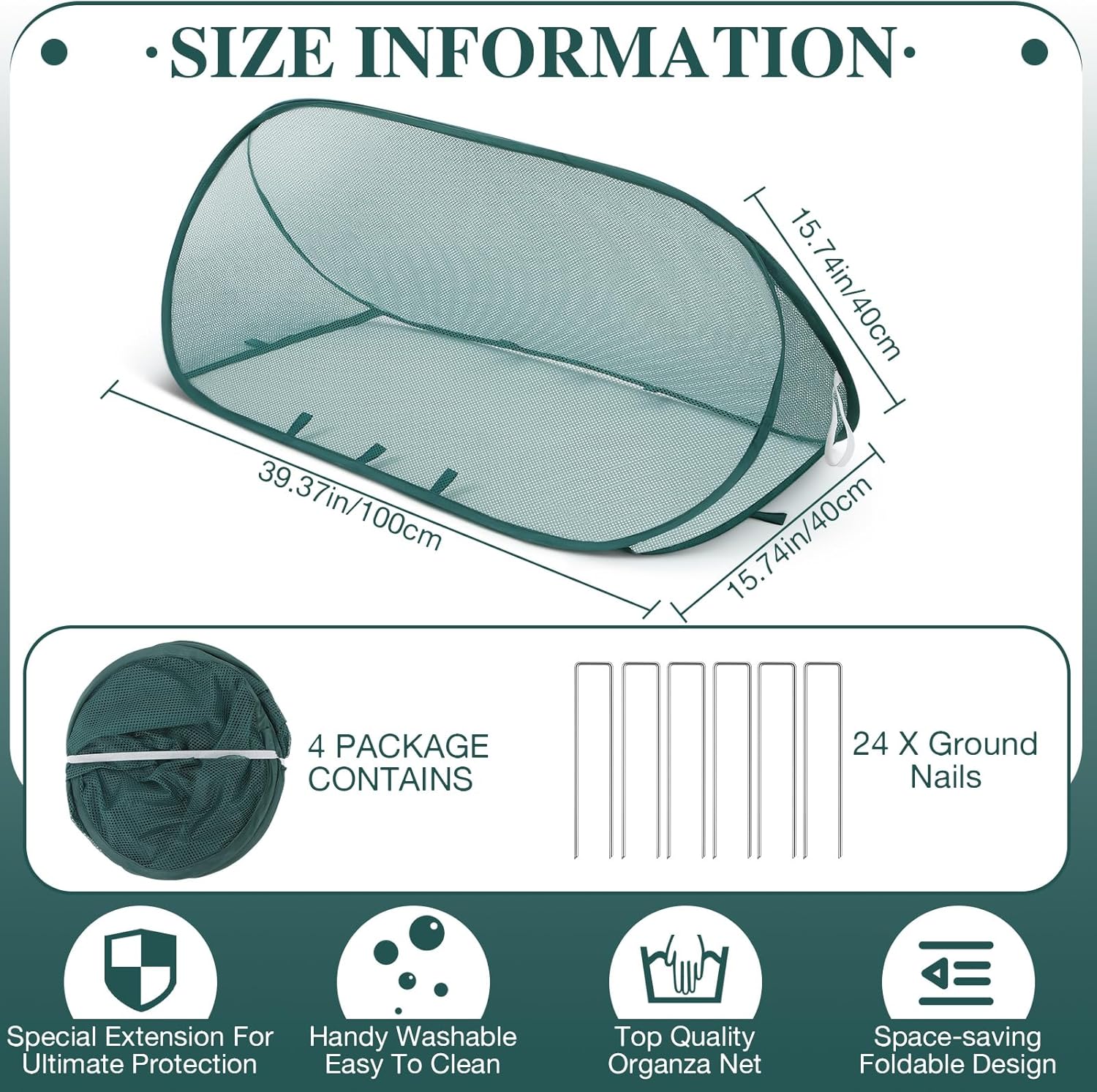 4 Sets 39" x 15" x 15" Pop up Garden Mesh Plant Cover Garden Rows Plants Cover with 24 Pcs Ground Nails Foldable Outdoor Protector Tent for Vegetables Fruits Seedlings Flowers from Animals