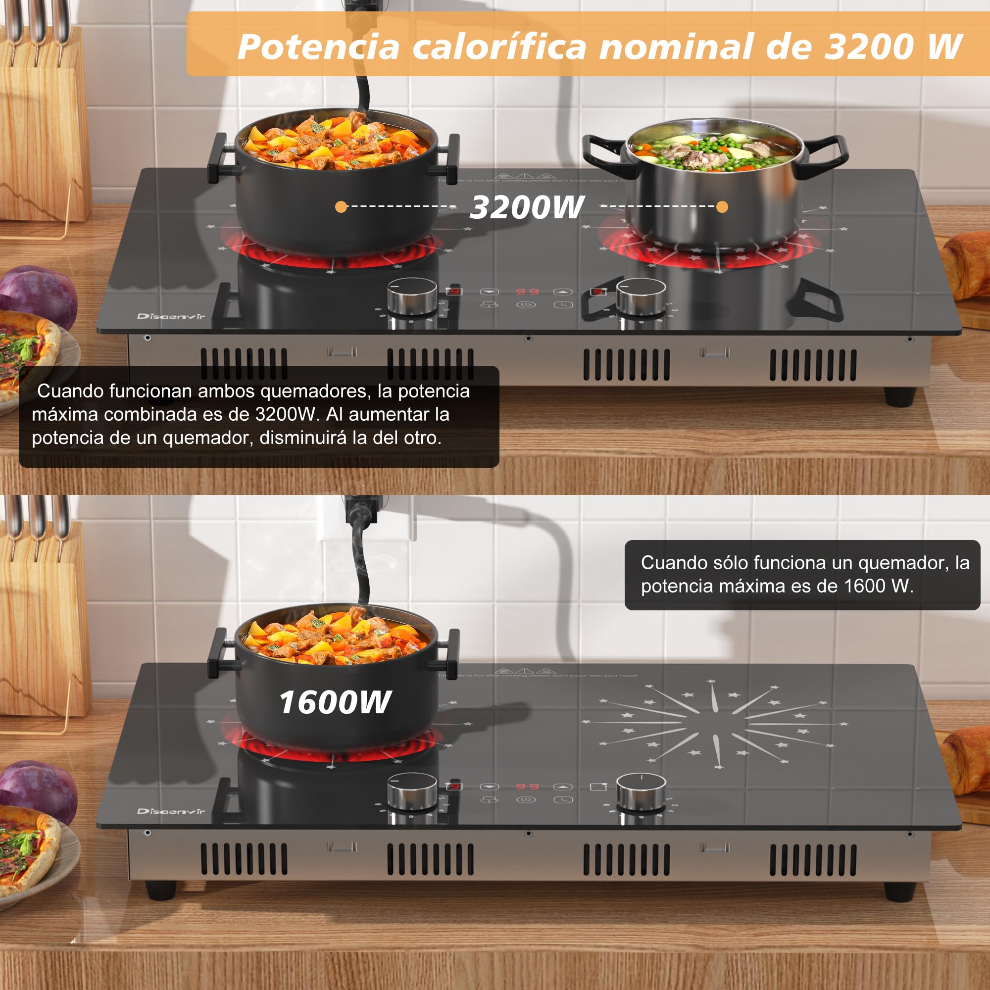 Placa Vitroceramica 2 Fuegos 30cm 3200W, Vitroceramica Induccion con Enchufe de 230v, Placa Electrica Cocina con Perillas, 9 Puestos, Control Táctil, Temporizador, Timer, Cerradura Infantil