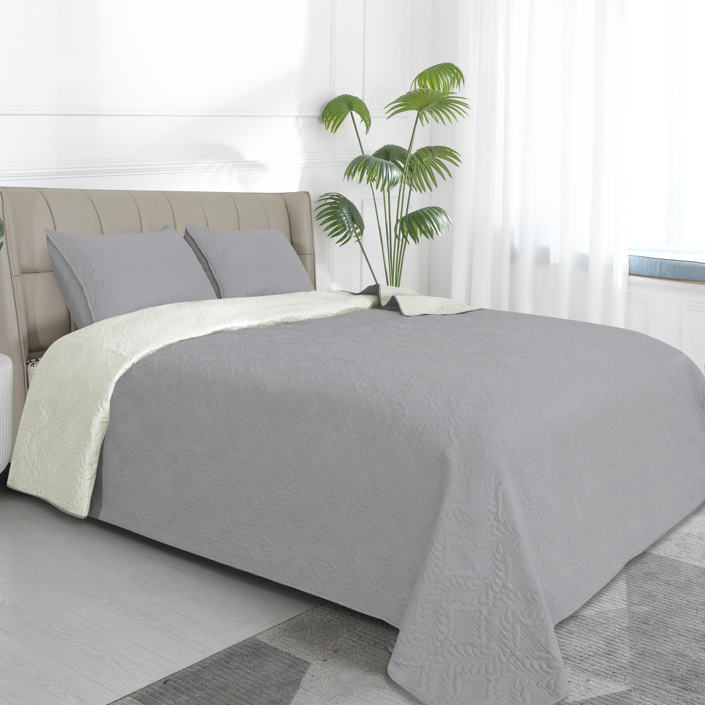 Parure de lit réversible très grand lit couette gris clair et ivoire avec taies d'oreiller
