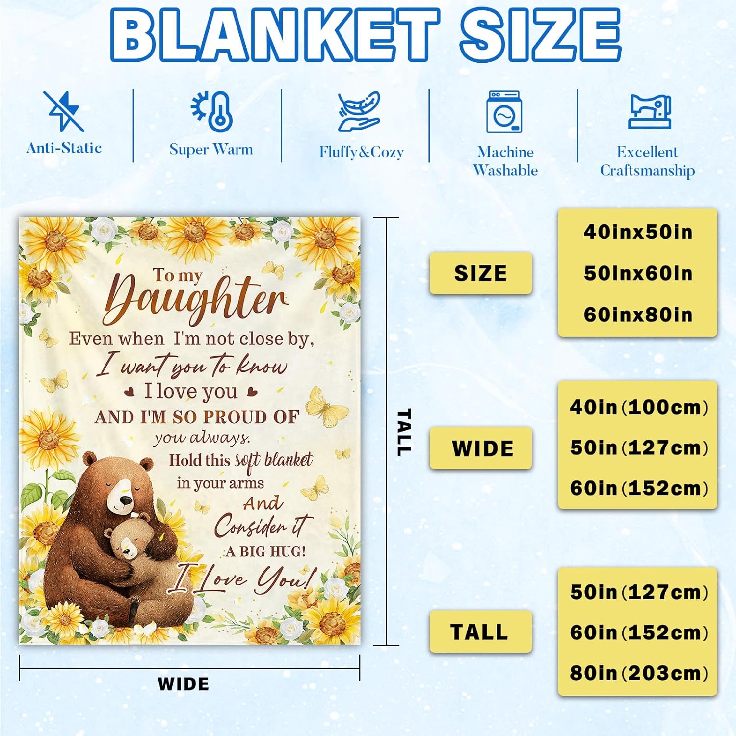 Daughter Gifts from Mom Dad, to My Daughter Blanket from Parents, Valentines Day Birthday Graduation Gifts for Daughters Sunflower Bear Soft Flannel Throw Blanket 50"x60" - Image 7