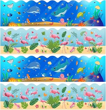 Bulletin Board Borders, Tumwisk 68PCS Bulletin Board Decorations,Summer Bulletin for Beach Pool Back to School Classroom Chalkboard Office Home Wall Door Decorations Shark Flamingo Style