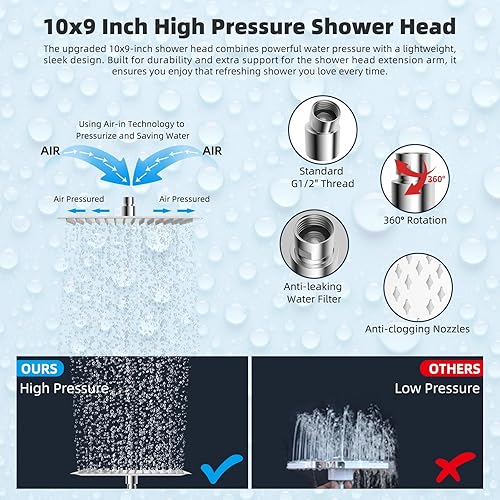 Miniatura 5 de Hibbent Cabezal de ducha de metal de 10 pulgadas, combo de cabezal de ducha cuadrado, varita de ducha de mano de alta presión, brazo de extensión de