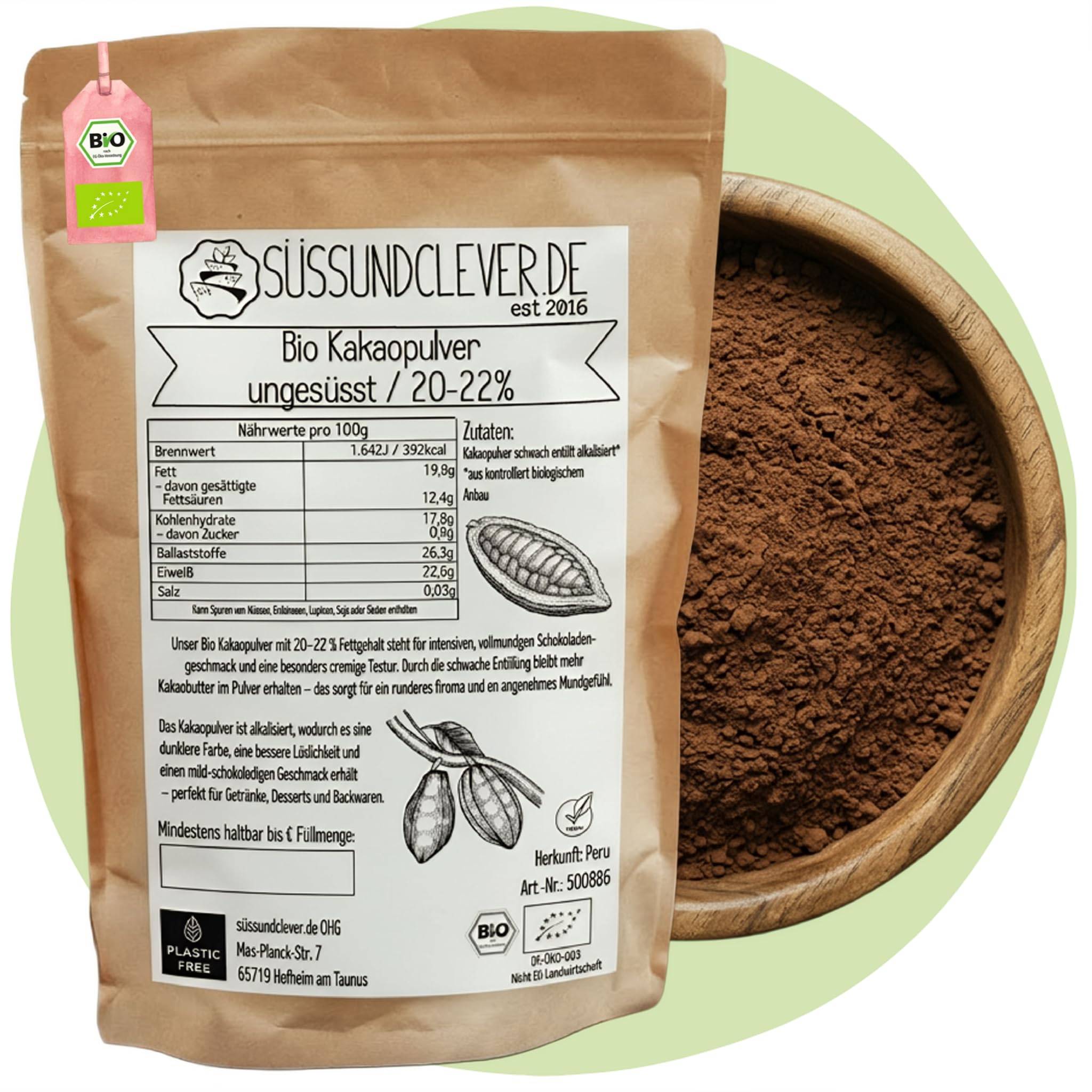 süssundclever.de® Bio Kakao Pulver | 1,0 kg | reines Kakaopulver | ungesüsst | schwach entölt 20-22% Fettanteil | ökologisch-nachhaltig abgepackt