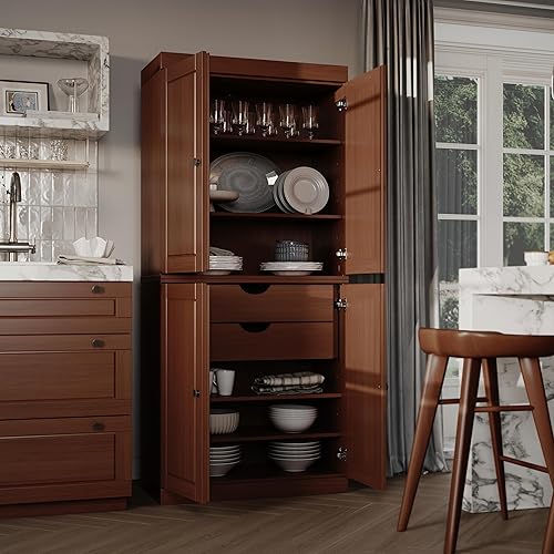 Palace Imports Solid Wood Kitchen Pantry - 71.5" H x 32" W Tall Storage Cabinet - with Adjustable Shelves & 2-Drawer Kit, Cupboard, Mocha, 100% Renewable Eco-Friendly Wood, Made in Brazil