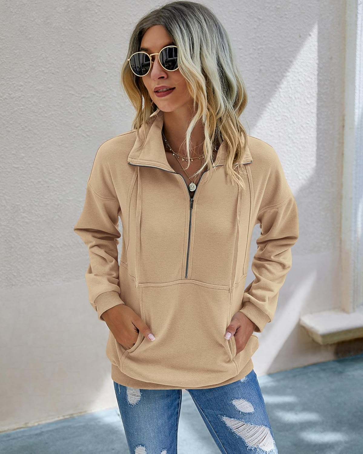 PRETTYGARDEN Women's Casual Long Sleeve Lapel Zipper Sweatshirt Drawstring Loose Pullover Tops - Image 2
