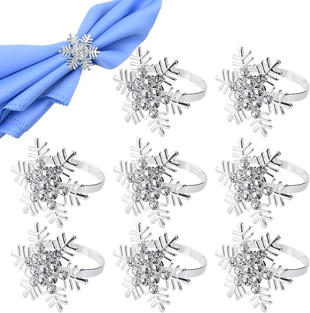 Napkin Button, 8pcs Snowflake Napkin Rings Silver Color Set, Banquet Reusable Serviette Holder Dinner Table Decor for Wedding Christmas Holiday Birthday Party