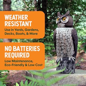 Dalen Large Rotating Head Fake Owl Decoy to Scare Birds Away - 18 Tall - Garden Scarecrow Owl with 360o Rotating Head