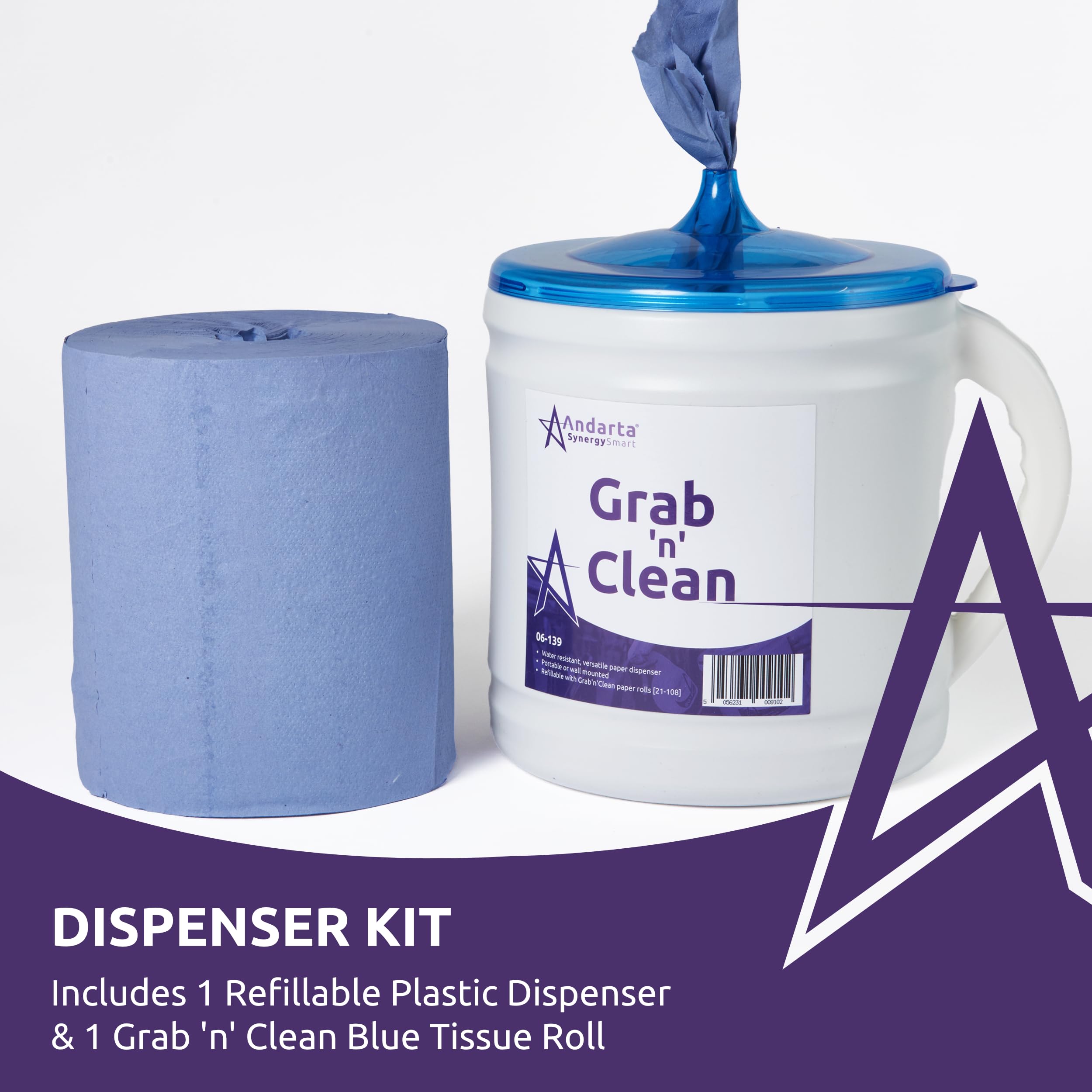 Grab 'n' Clean Kit distributeur de rouleaux et 1 rouleau bleu Distributeur à dévidage central résistant à l'eau pour rouleau bleu, essuietout hygiénique, portable ou mural pour chiffon de nettoyage
