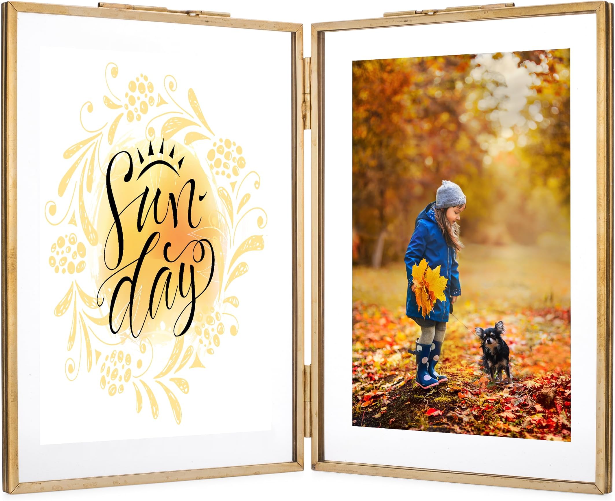 Brass Picture Frame, Vintage Double 4x6 Folding Picture Frames, Gold Metal Pressed Glass Photo Frame, Hinged Picture Frame