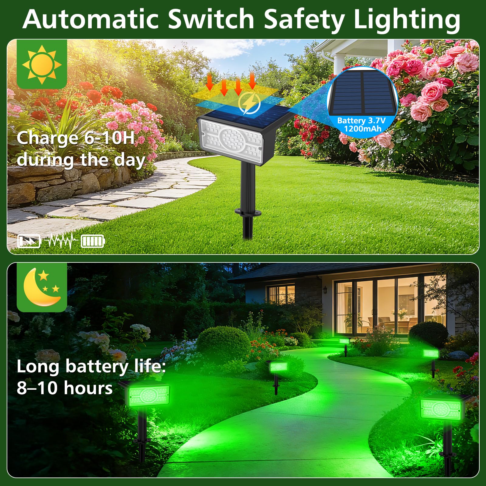 T-SUNUS Focos solares verdes para exteriores, luces solares de jardín impermeables, 2 modos brillantes, luces de seguridad, luz de paisaje de Navidad para jardín, árbol, patio, césped, escaleras