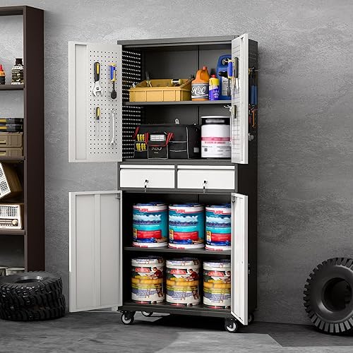 Miniatura 148 de Armario de almacenamiento de garaje con ruedas, gabinete de herramientas de metal de 35.43 pulgadas de alto con tablero de clavijas y 4 ganchos