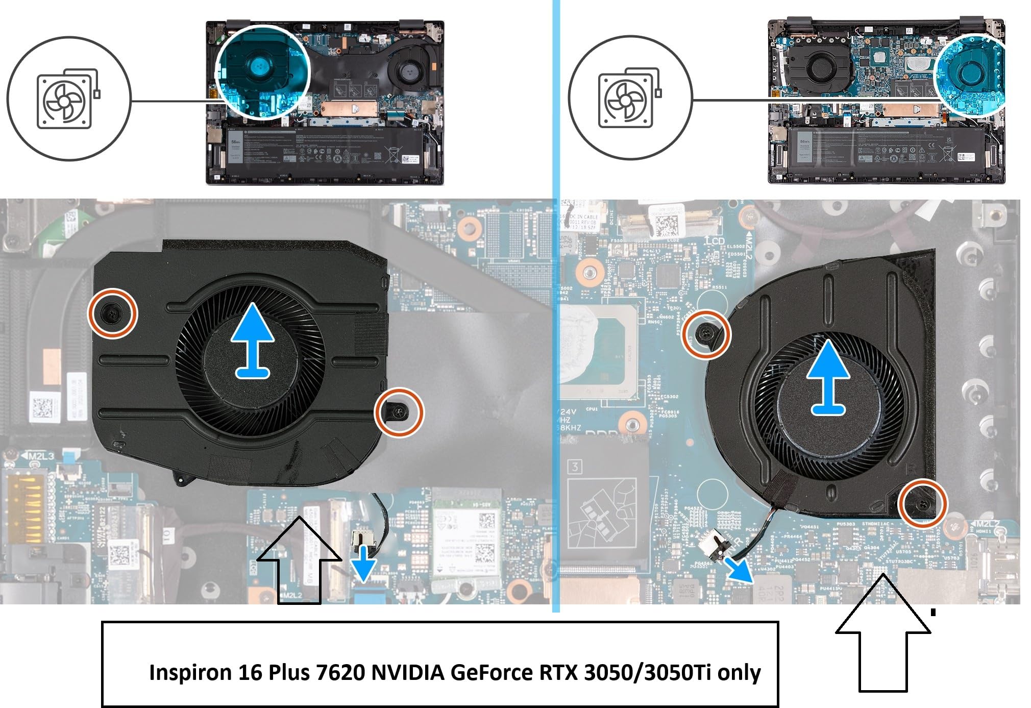 CPU+GPU fan for Dell Inspiron 16 Plus 7620 NVIDIA GeForce RTX 3050/3050 Ti only, N49HW, DFS5K323161A1E, Y2TW6, DFS5H22404666E