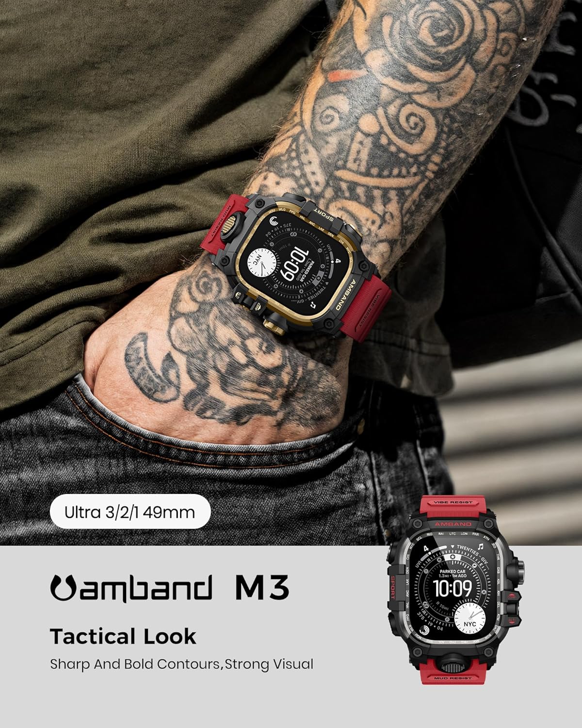 amBand Rugged Case with Band for Apple Watch Ultra 3/2/1 49mm, M3 Military Grade Shockproof Cover, Includes Screen Protector Kit, Tactical Band for Men - Compatible with iWatch Ultra, Red - Image 3