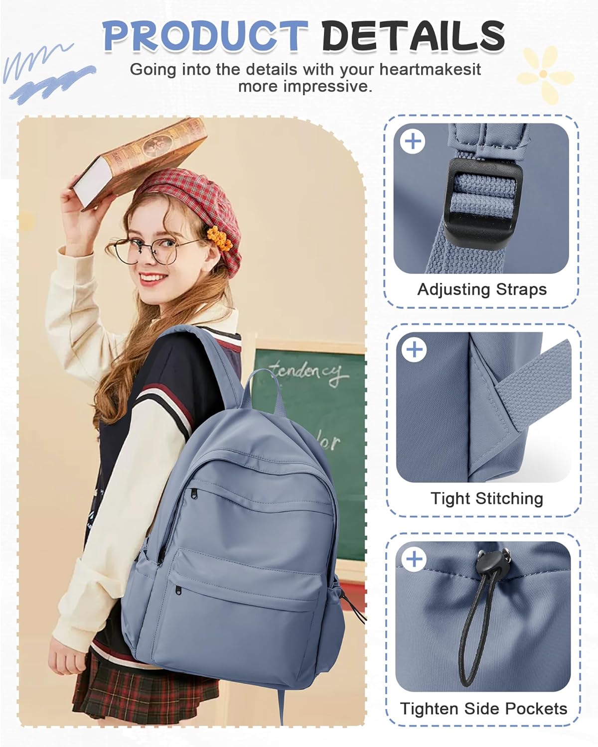 BJLFS Dark Blue Backpack for School Women Girls, Waterproof Bookbag Cute High School Backpackss for Men Teen Boys, Lightweight Travel College Backpack Mochilas Escolares para Casual Daypack Rucksack