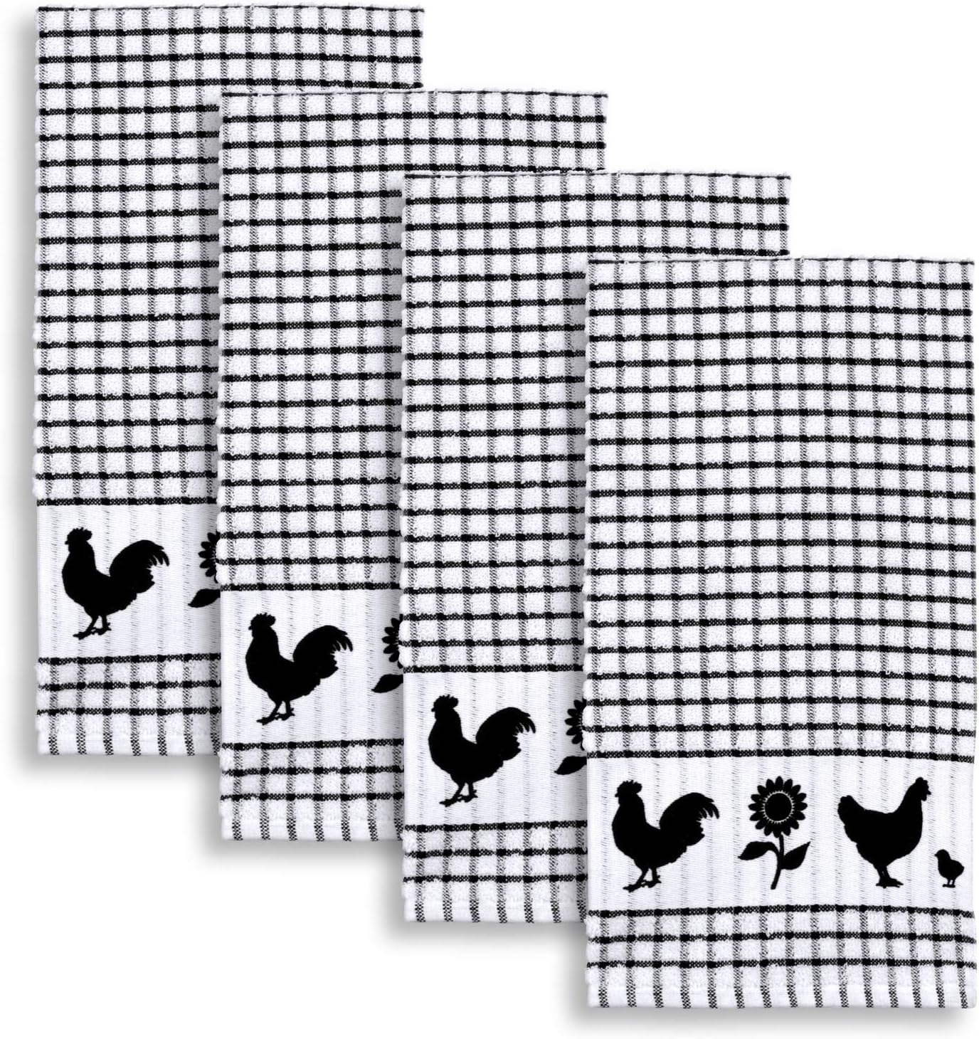 Cackleberry Home Backyard Chickens Windowpane Check Cotton Terrycloth Kitchen Towels, Set of 4 (Black)