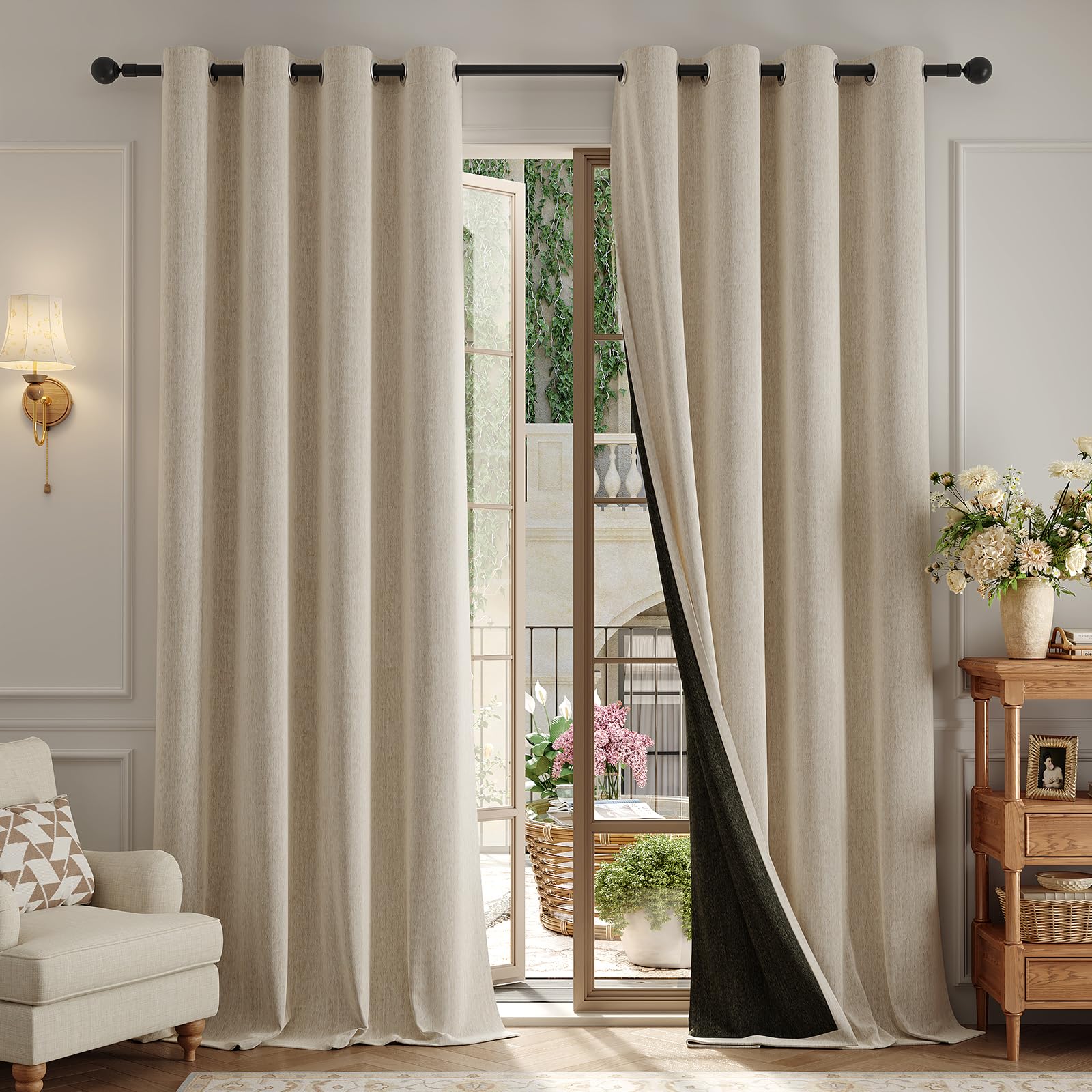 Anmao Thick Heavy Textured Blackout Curtains for Living Room 90 Inch Length 2 Panels Set, Grommet Room Darkening Thermal Insulated Window Curtain Drapes for Bedroom with Tiebacks, (W52xL90, Beige)