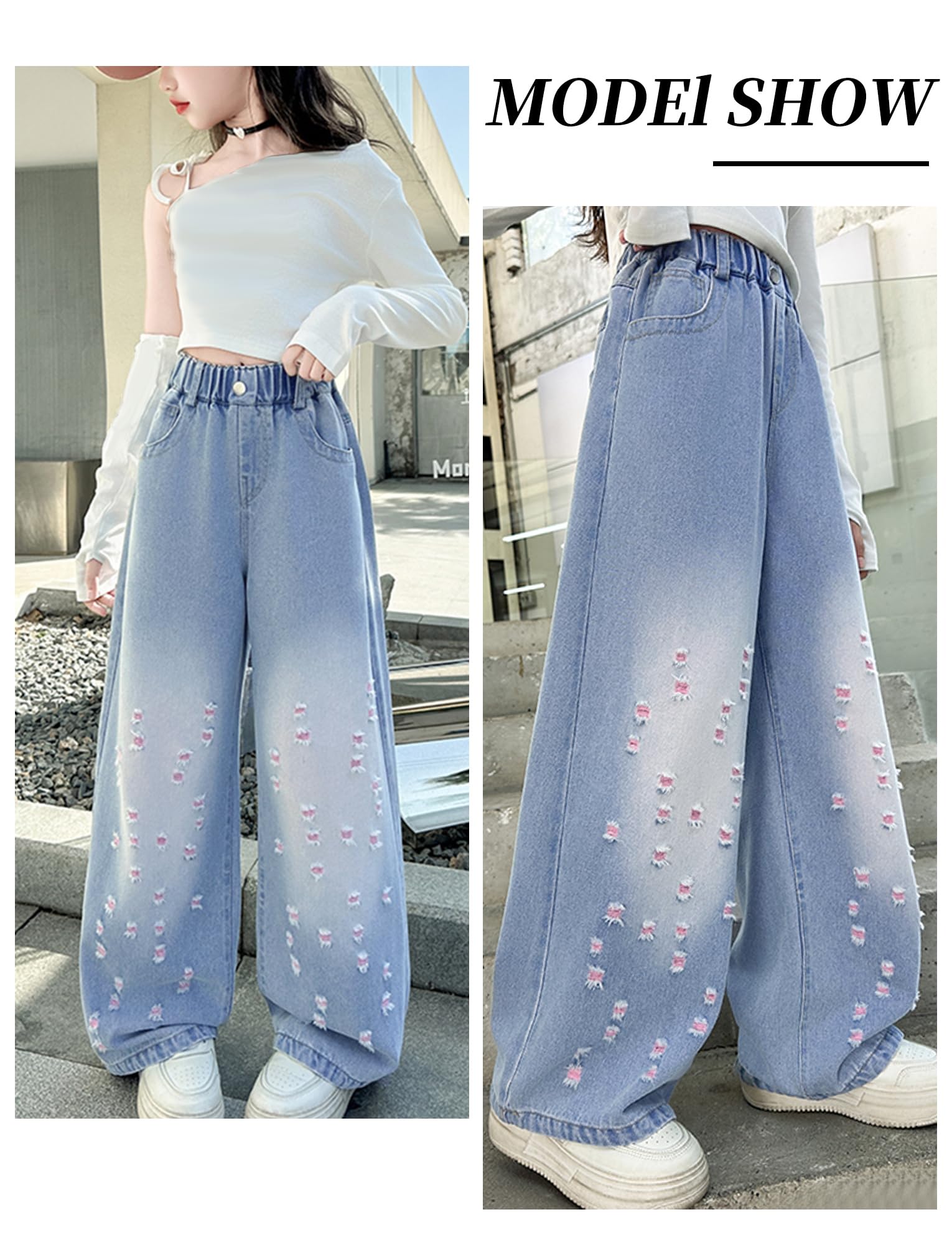 Jeans rasgados para niñas, cintura alta elástica, pierna ancha, pantalones de mezclilla desgastados con bolsillos, holgados, casuales, ropa de calle 5-14 años