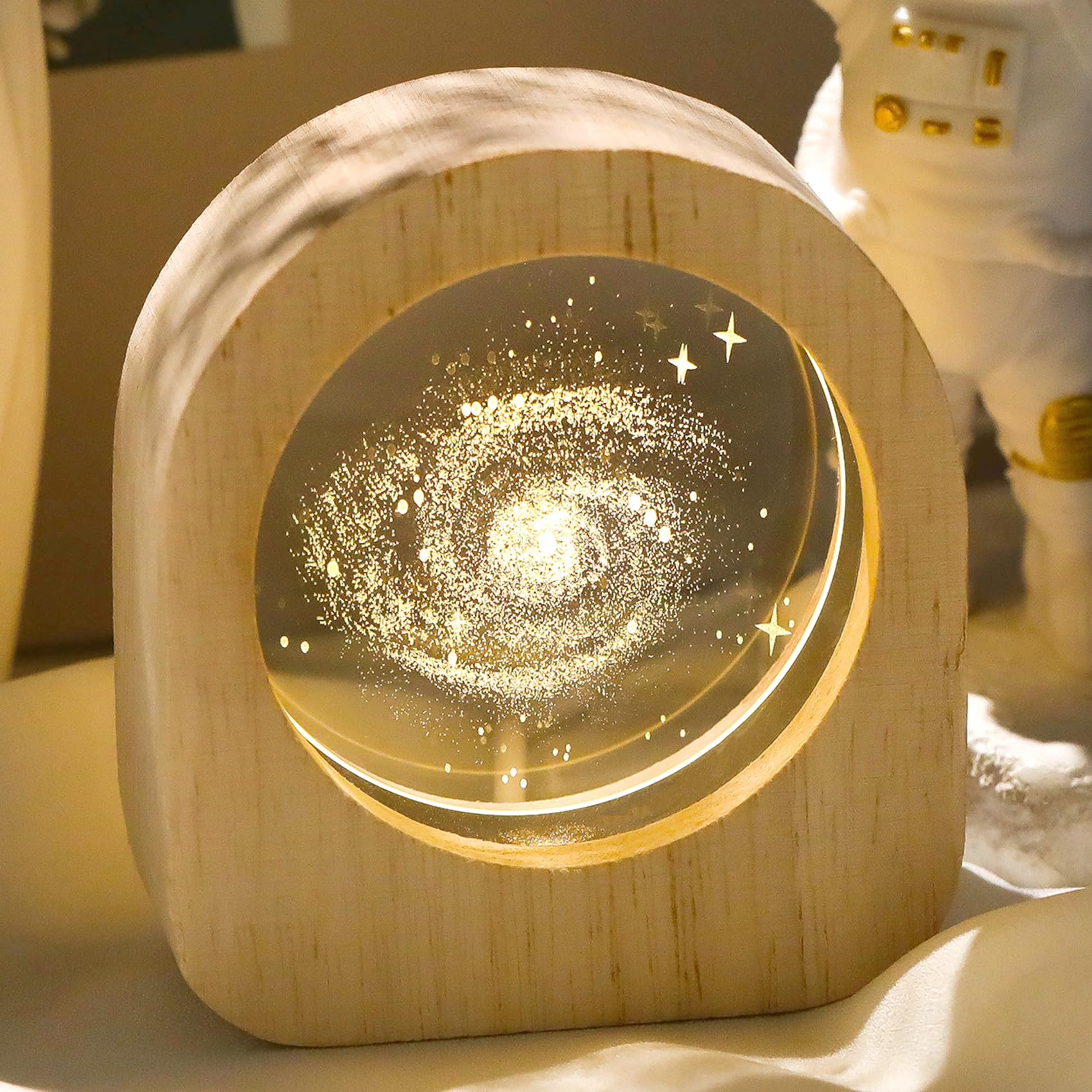 Ornalrist 3D Galaxy Planet Crystal Engraved Wood Night Lights, Astronomy Galaxy Lamps Gifts for Women Men Astronomy Lovers Science Space Universe Home Decor