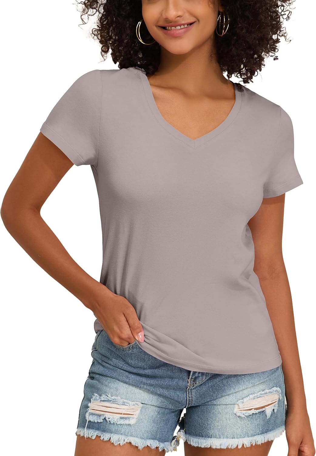 Hilor Women's Plain Cotton T Shirts Short Sleeve V Neck Tee Tops Loose Fit Casual Summer Tops Trendy Outfits 2026 - Image 2