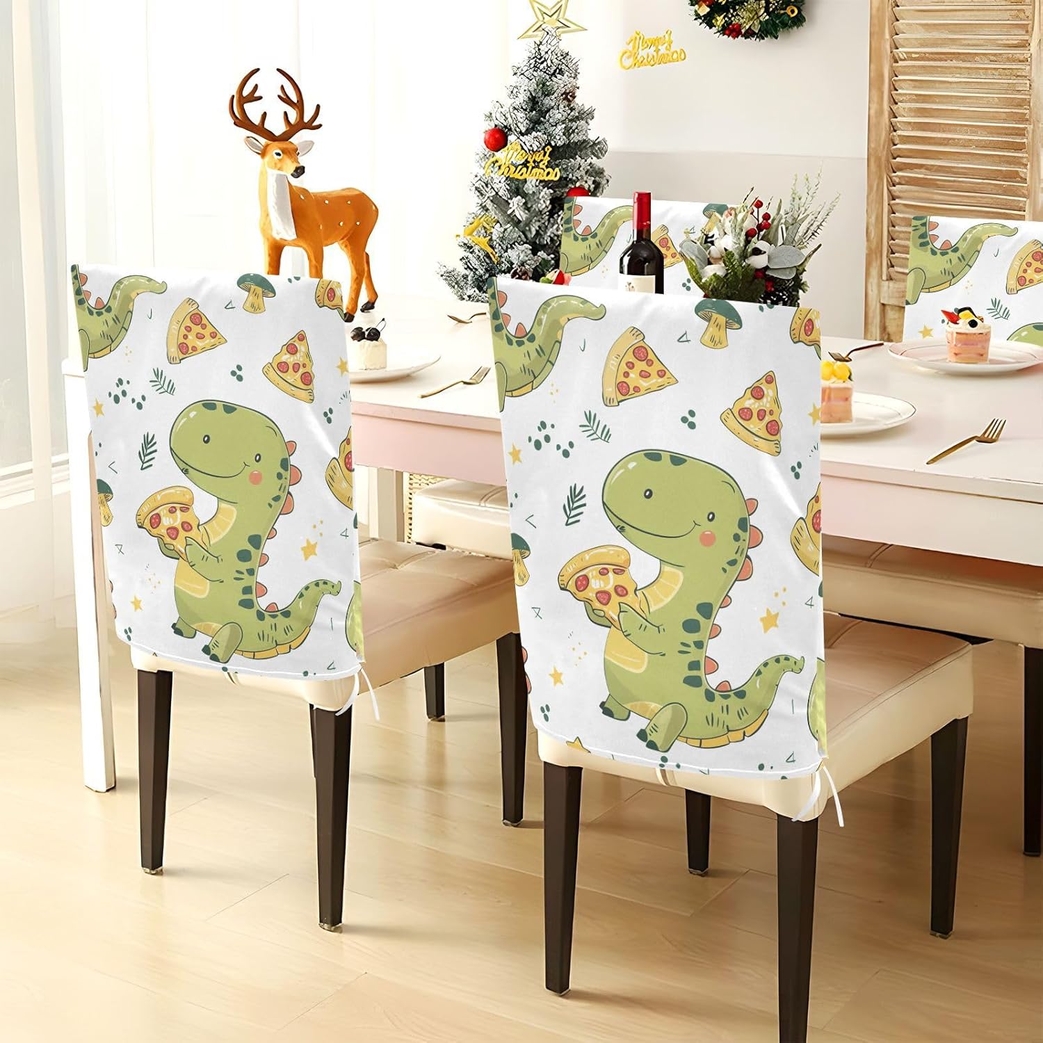 ALAZA Cute Dinosaur Hold The Pizza Chair Back Cover Set of 6, Washable Reusable Removable Chair Slipcovers Decorative Chair Cover for Home Kitchen Wedding Party