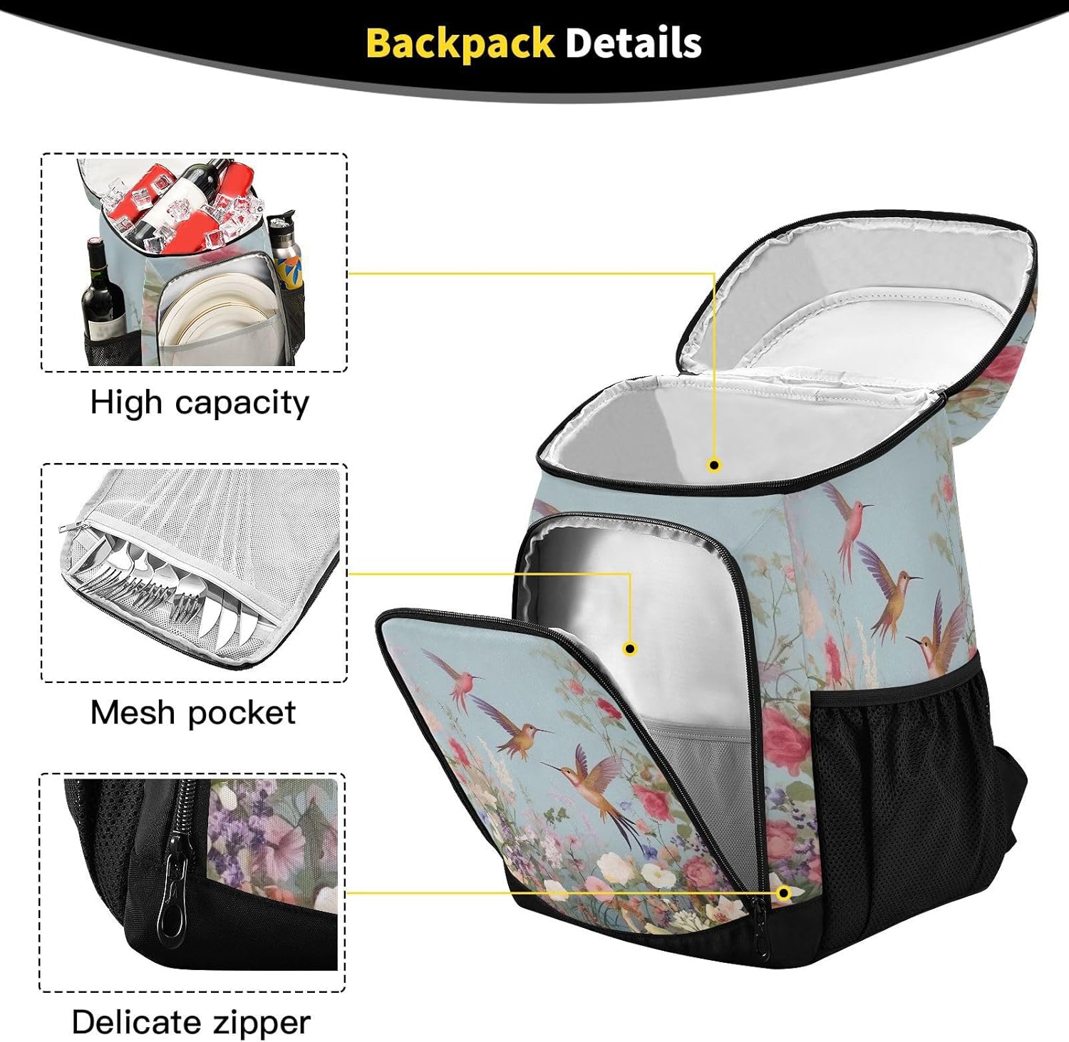 Hummingbirds and Flowers Cooler Backpack 36 Cans Leakproof Waterproof Backpack Cooler Bag Beach Accessories Travel Camping Fishing Backpack for Women Men