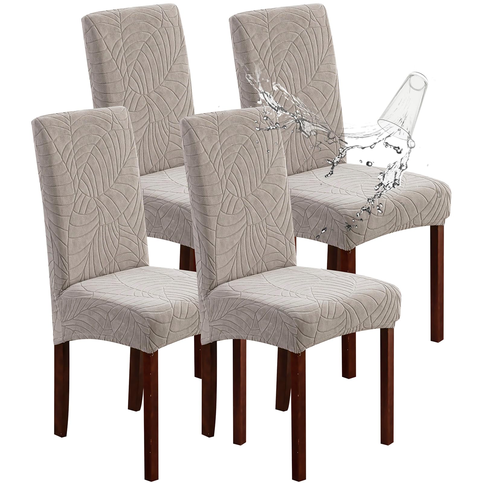 Photo 1 of Genina 100% Waterproof Chair Covers for Dining Room Set of 4, Large Dining Room Chair Covers Protectors Stretch Kitchen Parson Chair Slipcovers for Home, Restaurant (Large, Leaves-Warm Gray)