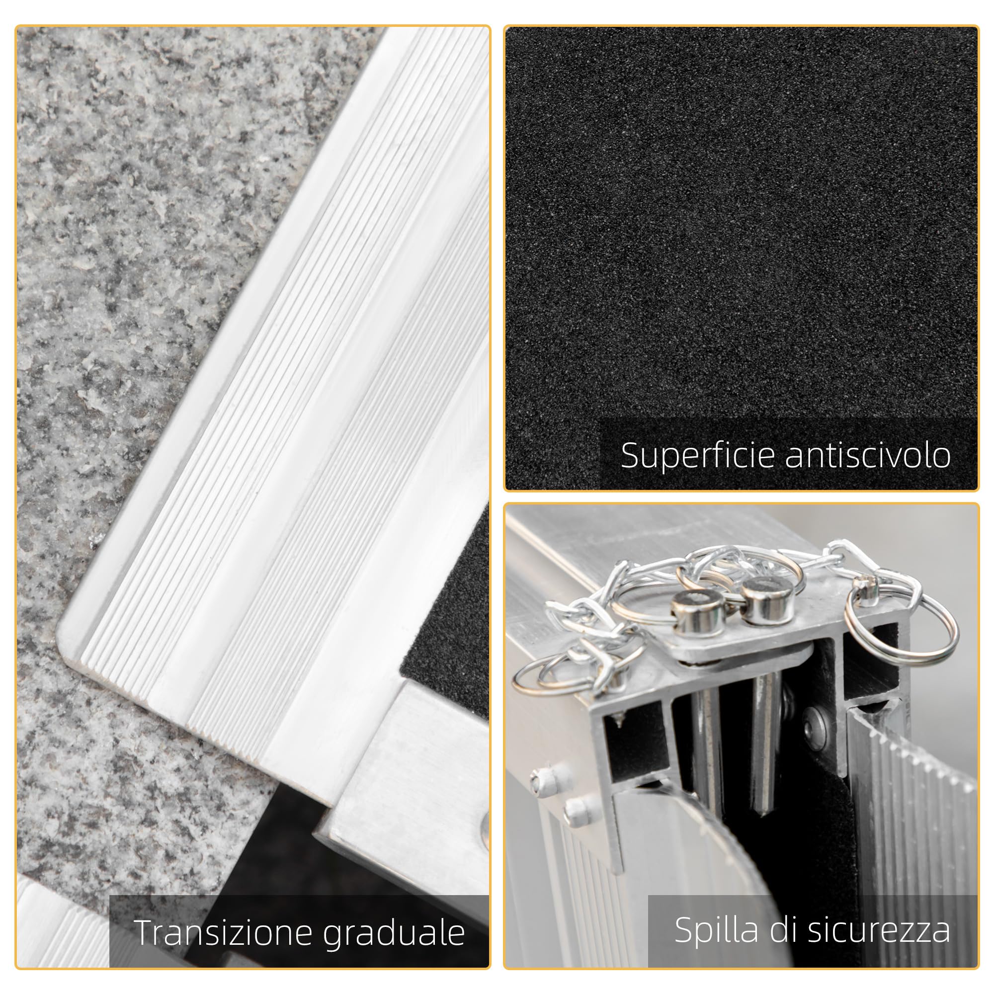 HOMCOM Rampa per Sedia a Rotelle Pieghevole con Guide Laterali e Design Doppio, Rampa per Disabili in Lega di Alluminio, 61x72 cm, Argento e Nero