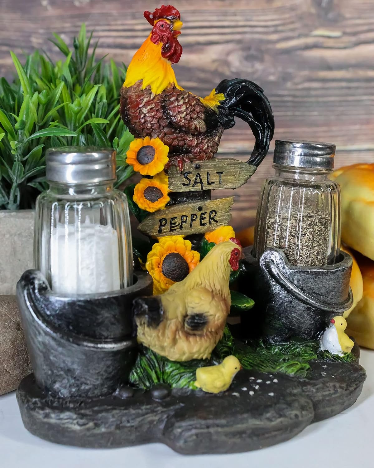 Ebros Gift Country Farm Barnyard Rooster Hen and Chicks Family By Pails And Sunflowers Salt And Pepper Shakers Holder Figurine 7"H With Glass Shakers Decorative Animal Farmland Morning Crow Sunshine