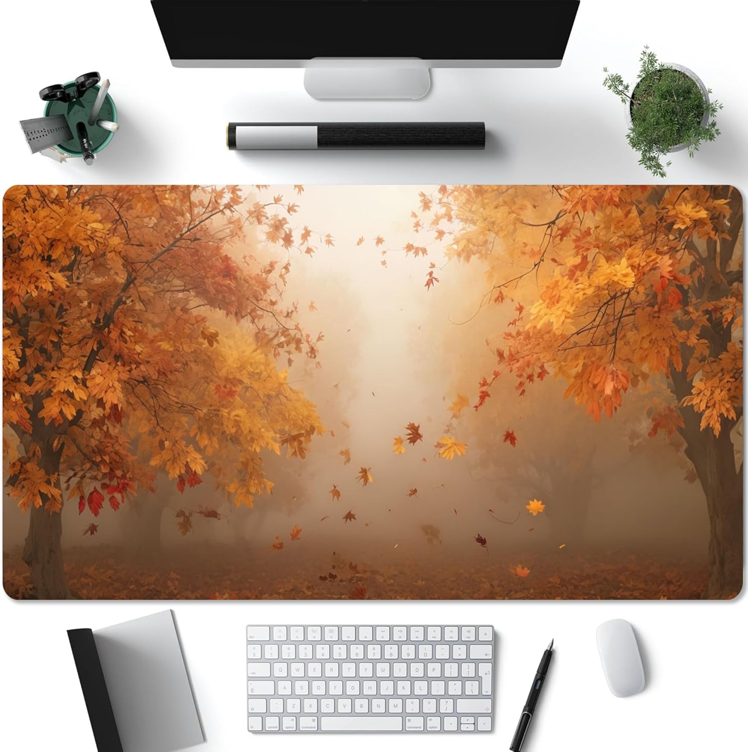 Autumn Forest Desk Mat, Large Gaming Mouse Pad with Falling Leaves and Misty Woods, Water-Resistant Non-Slip Surface for Office, Home, or Workstation, Fall Season Lovers, 31 x 15in