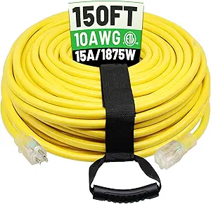 POWGRN 150 Ft 10AWG Outdoor Extension Cord Waterproof Heavy Duty 10 Gauge, Flexible Cold-Resistant Long Power Cord Outside with Lighted Indicator End, 15Amp 1875W SJTW Yellow ETL Listed
