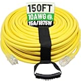 POWGRN 150 Ft 10AWG Outdoor Extension Cord Waterproof Heavy Duty 10 Gauge, Flexible Cold-Resistant Long Power Cord Outside with Lighted Indicator End, 15Amp 1875W SJTW Yellow ETL Listed