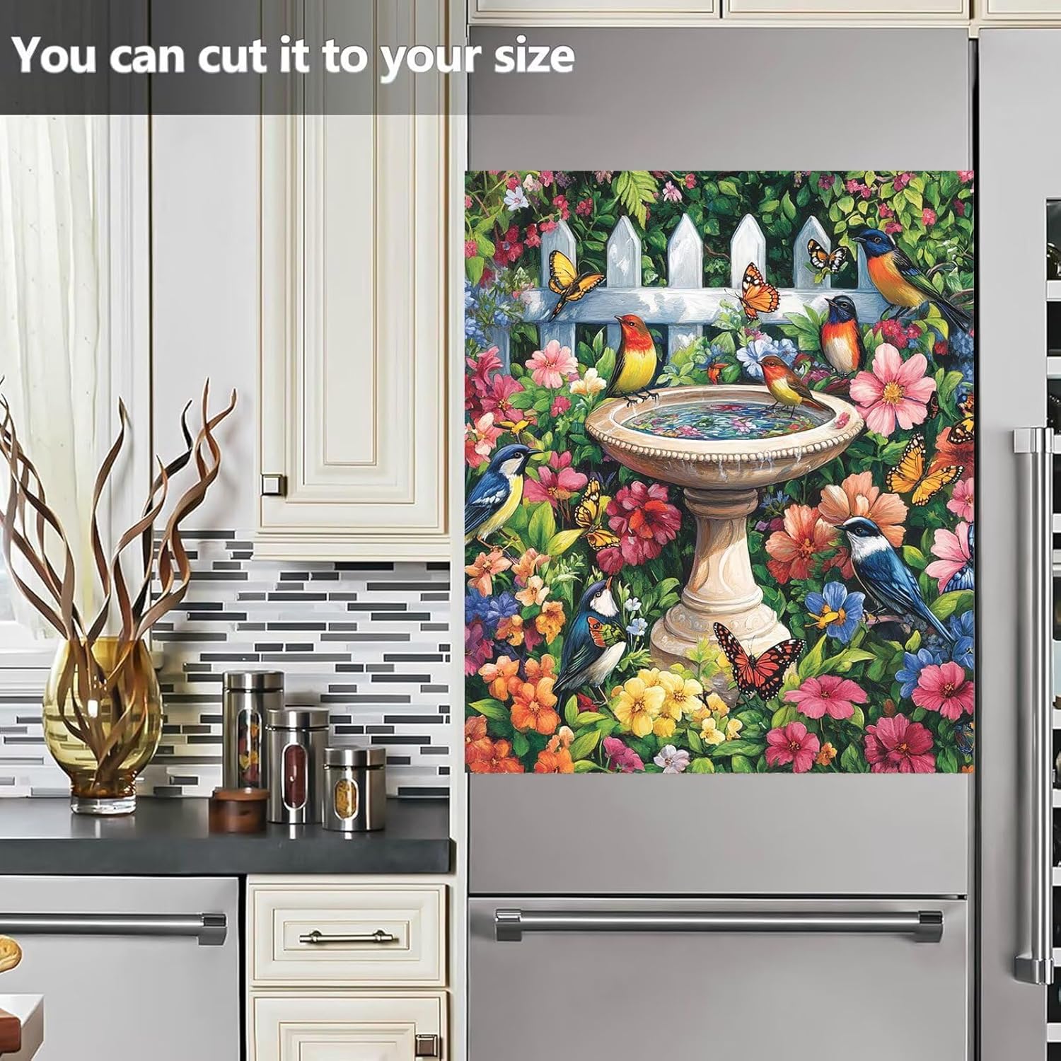 Garden Birds Dishwasher Magnet Cover Decal Vinyl Sticker, Bird Pond Magnet Refrigerator Door Cover, Colorful Flowers and Butterflies Dishwasher Front Door Cover (23" x 26" Magnetic)